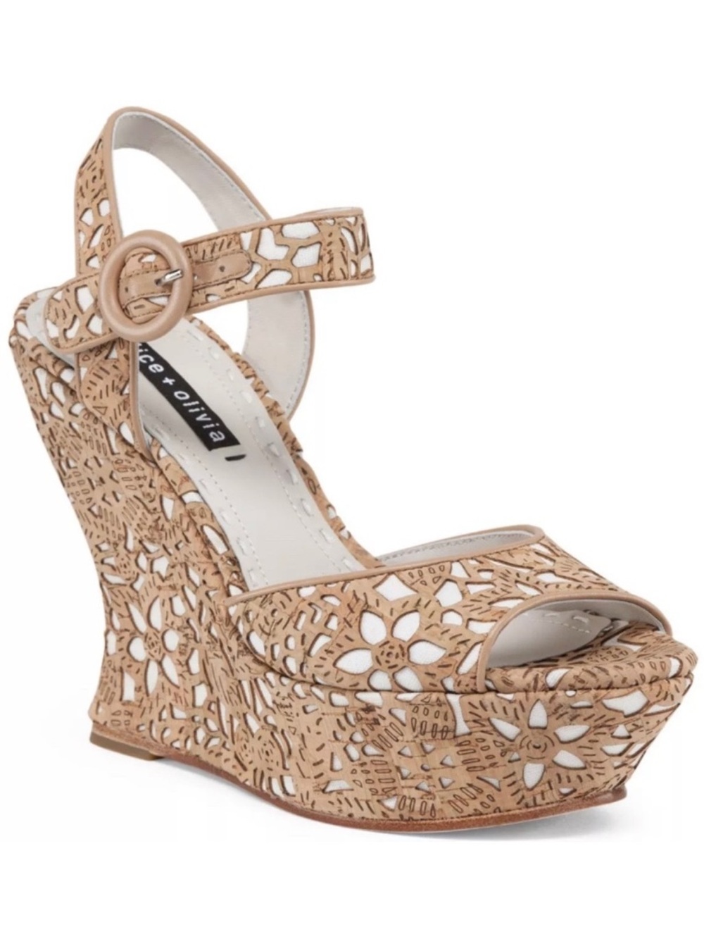 Alice + Olivia Jana Three Wedge Sandals In Natural Laser Cut Cork & Ivory Canvas